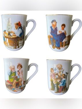 Vintage 1982 Norman Rockwell Museum Coffee Mugs Set Of 4 Cups White & Gold Trim